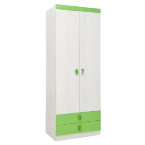 Δίφυλλη ντουλάπα με 2 συρτάρια Numero O2V2F άσπρος δρυς/ πράσινο 80x52x217,5
