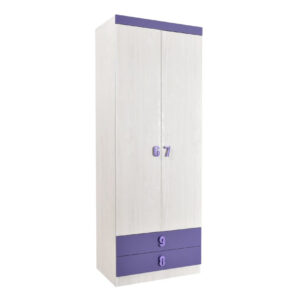 Δίφυλλη ντουλάπα με 2 συρτάρια Numero O2V2F άσπρος δρυς/ μωβ 80x52x217,5