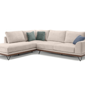 Ετοιμοπαράδοτος δεξής γωνιακός καναπές VM-RENE με ξύλινη μπάζα, αποσπώμενα- πλενόμενα καλύμματα έδρας και πλάτης ύφασμα perfect 02 μπεζ 290x240x98