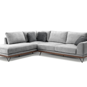Ετοιμοπαράδοτος δεξής γωνιακός καναπές VM- RENE με ξύλινη μπάζα, αποσπώμενα- πλενόμενα καλύμματα έδρας και πλάτης ύφασμα perfect 82 γκρι 290x240x98